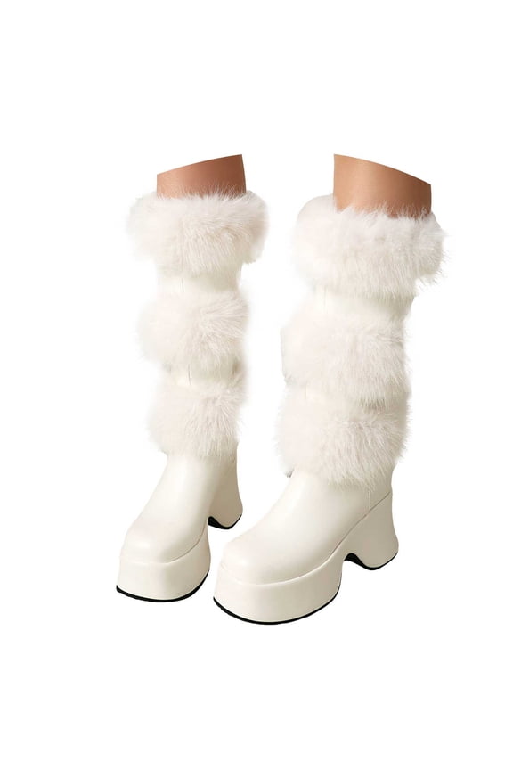 Women Furry Mid Calf Boots Round Toe Wedge Platform Heel Winter Warm Snow Slip on Boots