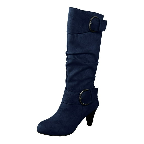 YLYL Women Knee High Boots Buckle Wide Calf Chunky Mid Heel Side Zipper Dressy Fall Winter Boots