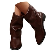 YLYL Women Knee High Boots Fold over Shark Boots Pointed Toe Leather Wide Calf Boots