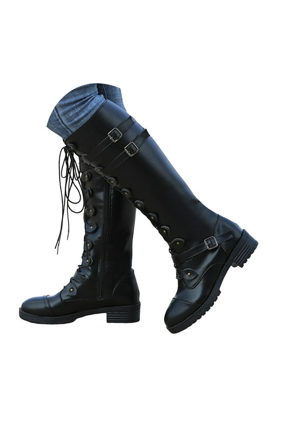 Women Knee High Boots PU Leather Lace-up Gothic Vintage Punk Buckle Military Combat Boot