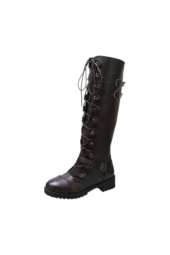 Women Knee High Boots PU Leather Lace-up Gothic Vintage Punk Buckle Military Combat Boot