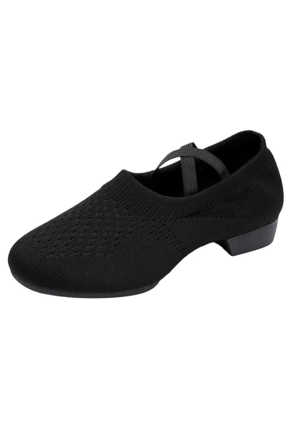 Women Knit Latin Jazz Dance Shoes Elastic Cross Strap Chunky Heel Breathable Mesh Ballet Shoes