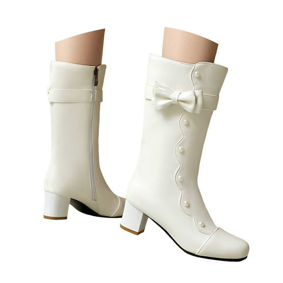 YLYL Women Leather Boots Pearl Bowknot Block Heel Fashion Strap Knee High Platform Boots