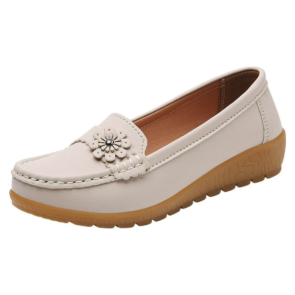YLYL Women Leather Loafers Rubber Sole Slip on Casual Moccasin Walking Boat Shoes