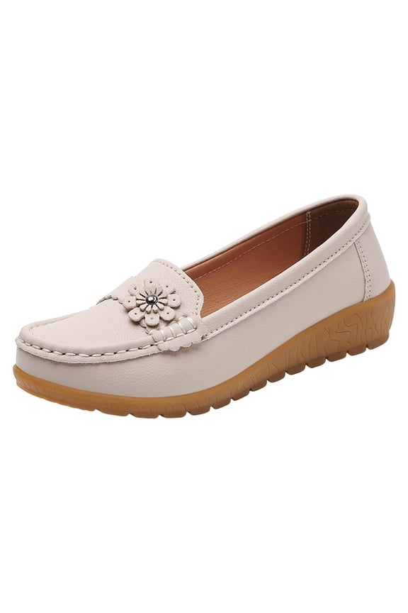 Women Leather Loafers Rubber Sole Slip on Casual Moccasin Walking Boat Shoes