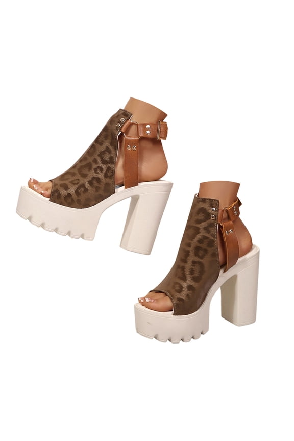 Women Leopard Print Platform Sandals Chunky High Heel Open Toe Adjustable Buckle Ankle Strap Gothic Punk Shoes