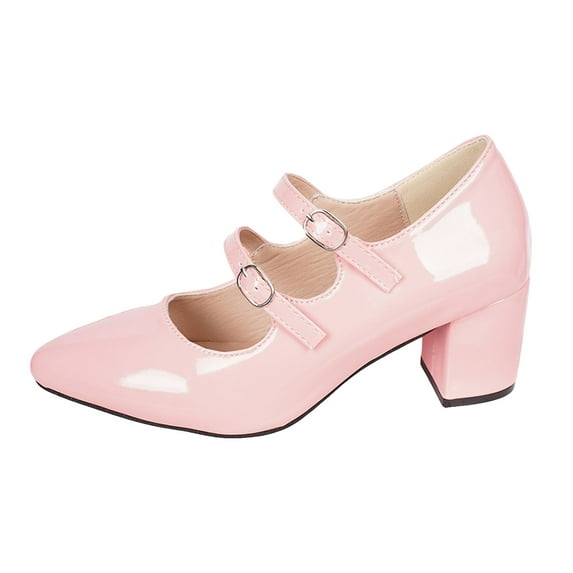 YLYL Women Mary Jane Shoes Patent Leather Two Buckle Pointed Toe Chunky Mid Heel Vintage Dressy Pump Shoes