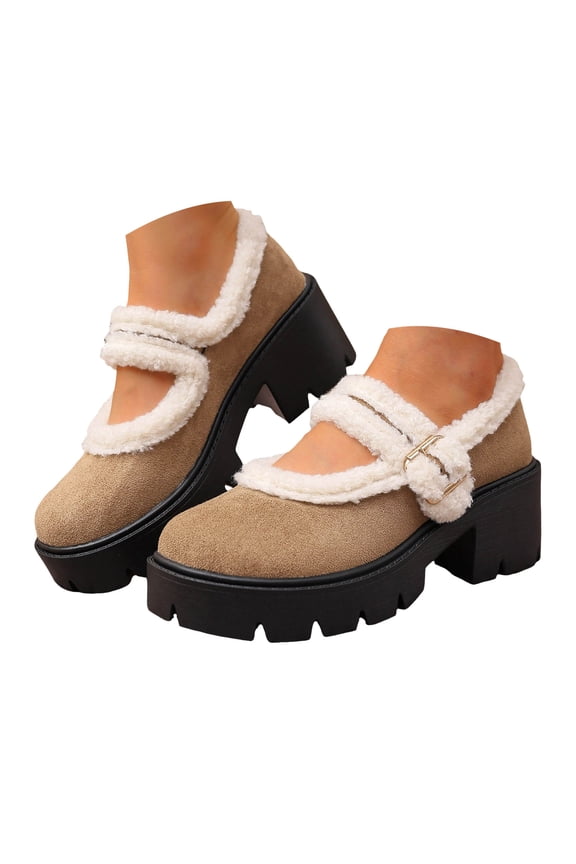 Women Mary Jane Shoes with Adjustable Strap Warm Fur Lined Platform Chunky Mid Heel Winter Shoes