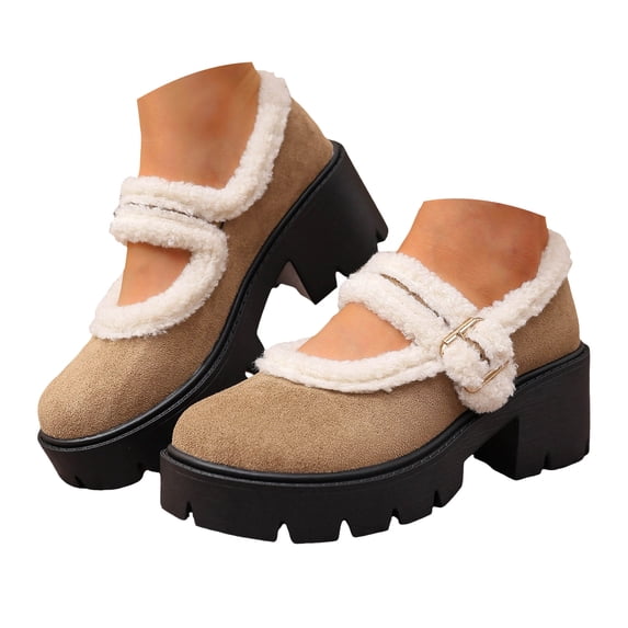 YLYL Women Mary Jane Shoes with Adjustable Strap Warm Fur Lined Platform Chunky Mid Heel Winter Shoes