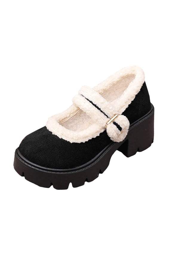 Women Mary Jane Shoes with Adjustable Strap Warm Fur Lined Platform Chunky Mid Heel Winter Shoes