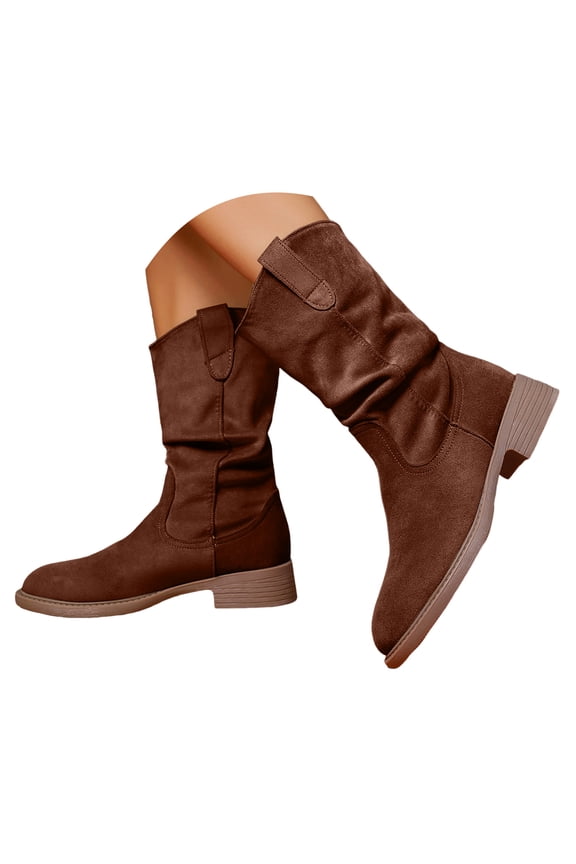 Women Mid Calf Boots Cowboy Cowgirl Leather Round Toe Block High Heels Vintage Country Western Booties