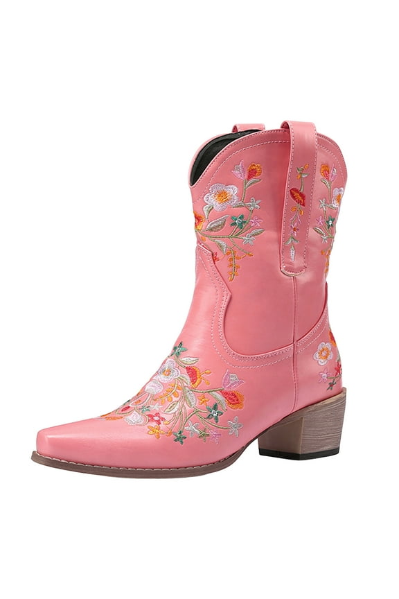Women Mid Calf Boots Flower Embroidered Chunky Heel Pointed Toe Western Cowgirl Cowboy Boots