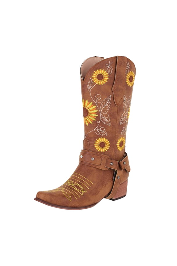 Women Mid Calf Boots Sunflower Embroidered Chunky Heel Square Toe Pull on Western Cowboy Cowgirl Boots