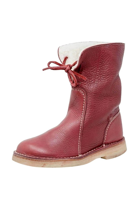 Women Mid Calf Boots Warm Fur Lined Round Toe Lace up Slip on Fashion Casual Winter Snow Booties