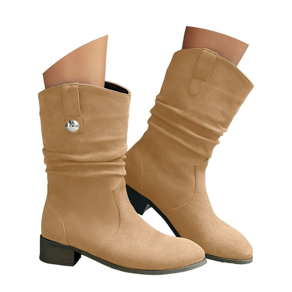 YLYL Women Mid Calf Boots Wide Calf Vintage Suede Classic Round Toe Low Block Heel Slip on Boots