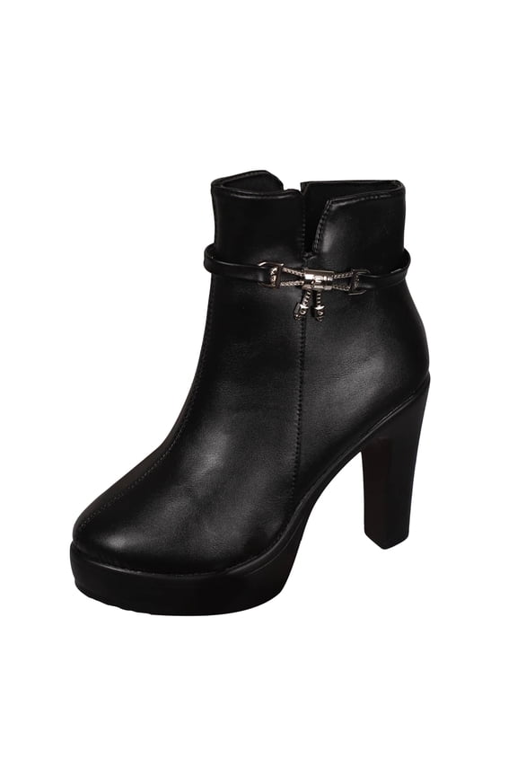 Women Platform Ankle Boots Buckle Chunky High Heel Side Zipper Round Toe Dress Short Booties