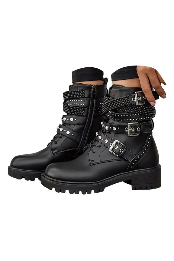 Women Platform Ankle Boots Round Toe Chunky Heel Lace up Side Zipper Buckle Goth Combat Boot