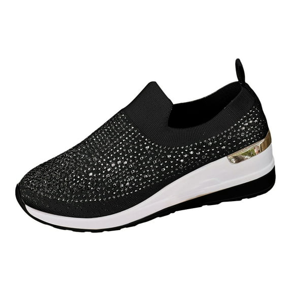 YLYL Women Platform Sneakers Glitter Rhinestone Slip-On Breathable Wedge Shoes