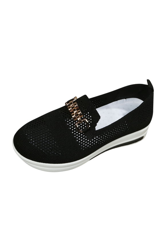 Women Platform Sneakers Metal Chain Slip on Casual Mesh Breathable Low Top Loafers Comfortable Lightweight Walking Shoes