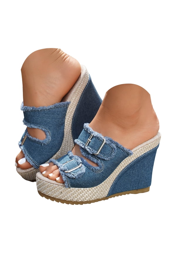 Women Platforms Wedge Sandals Denim Chunky High Heel Open Toe Buckle Straps Summer Slippers