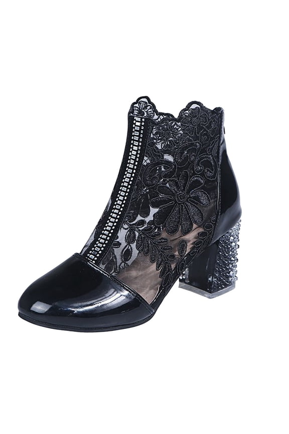 Women Pumps Breathable Lace Closed Toe Block Kitten Heel Dress Shoes