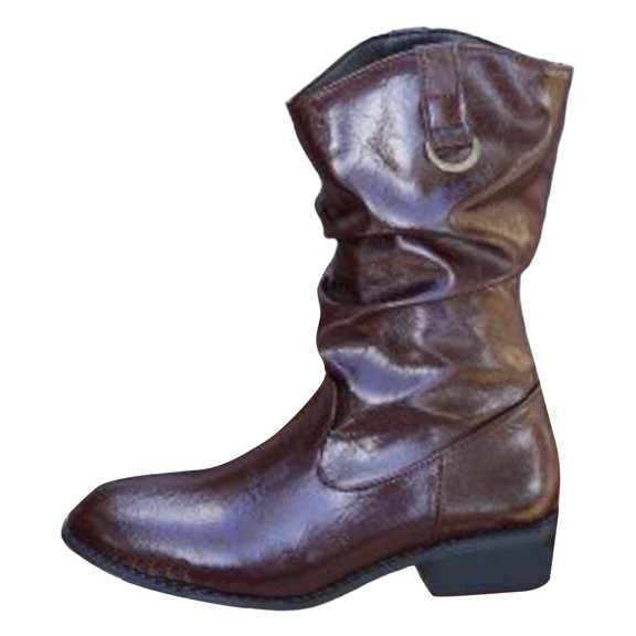 YLYL Women Punk Mid Calf Boots Stylish Fold Leather Wide Block Heels Western Booties