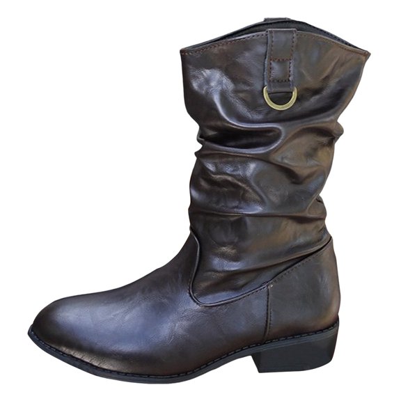 YLYL Women Punk Mid Calf Boots Stylish Fold Leather Wide Chunky Block Heels Western Booties