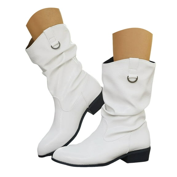 YLYL Women Punk Mid Calf Boots Stylish Fold Leather Wide Block Heels Western Booties