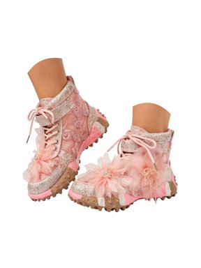 Women Rhinestone High Top Sneakers Tulle 3D Floral Lace up Non Slip Fashion Casual Ankle Boots