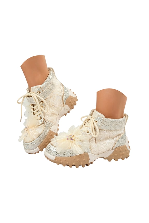 Women Rhinestone High Top Sneakers Tulle 3D Floral Lace up Non Slip Fashion Casual Ankle Boots