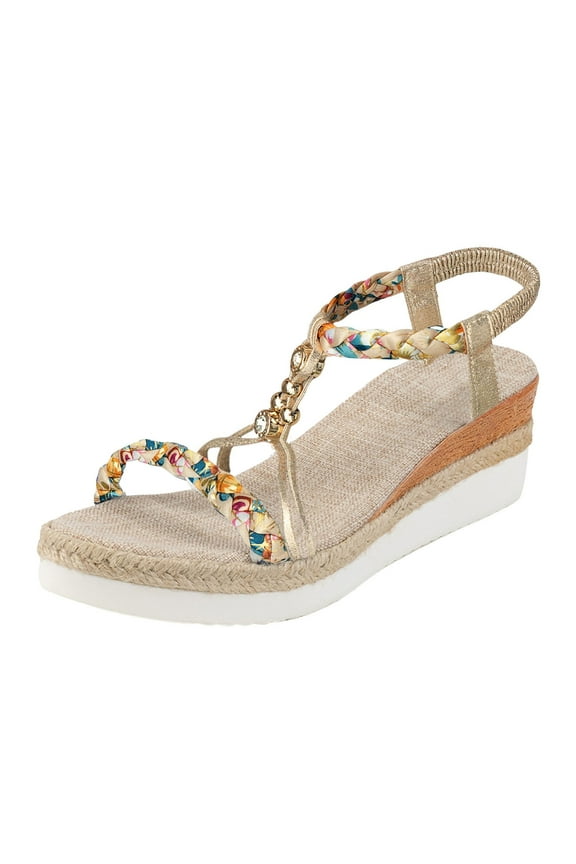 Women's Woven Sandals Bohemian Beaded Platform Wedge Heel Ankle Strap Open Toe Summer Beach Shoes
