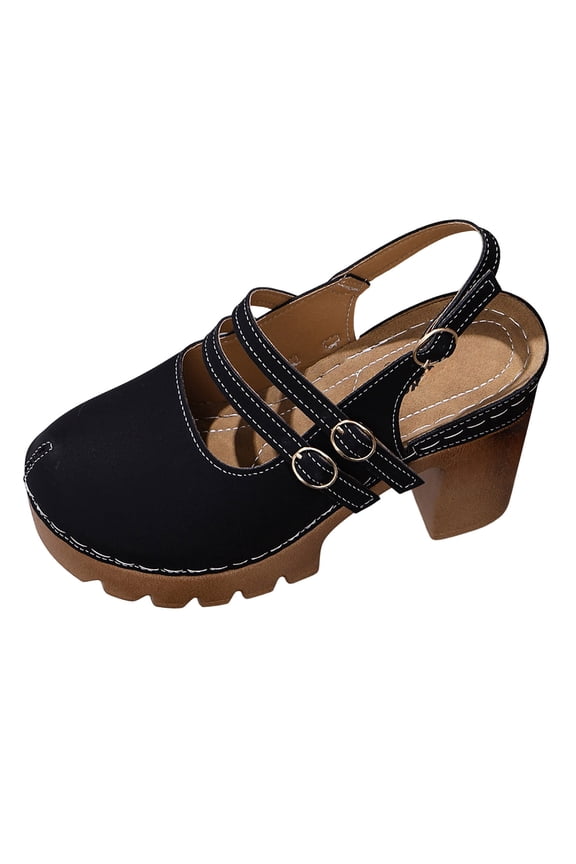 Women Slingback Platform Clogs Sandals Double Buckle Close Toe Chunky Block Heel Summer Mary Jane Dress Shoes