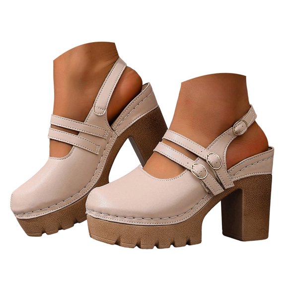 YLYL Women Slingback Platform Clogs Sandals Double Buckle Close Toe Chunky Block Heel Summer Mary Jane Dress Shoes