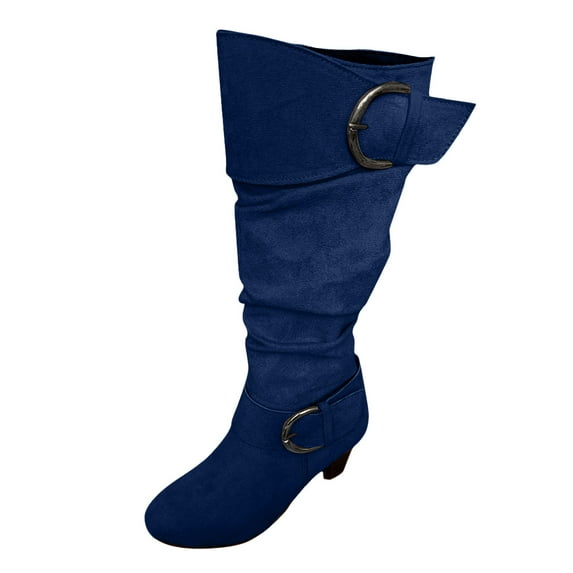 YLYL Women Slouchy Knee High Boots Metal Buckle Chunky Mid Heel Side Zipper Fashion Riding Boots