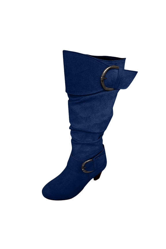 Women Slouchy Knee High Boots Metal Buckle Chunky Mid Heel Side Zipper Fashion Riding Boots