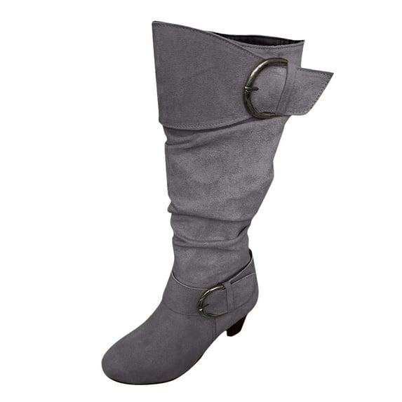 YLYL Women Slouchy Knee High Boots Metal Buckle Chunky Mid Heel Side Zipper Fashion Riding Boots