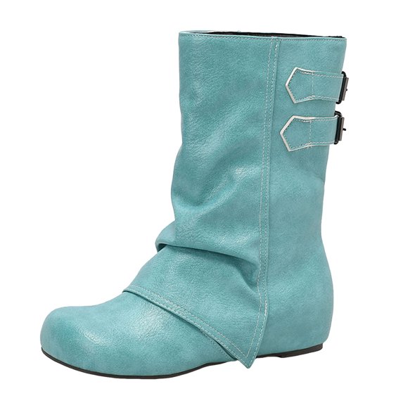 YLYL Women Slouchy Mid Calf Boots Fold over Wide Calf Flat Low Heel Pull on Riding Boots with Buckle Strap