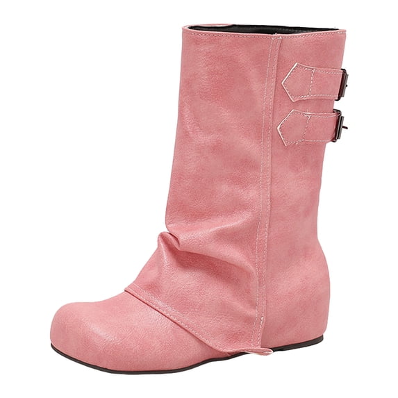 YLYL Women Slouchy Mid Calf Boots Fold over Wide Calf Flat Low Heel Pull on Riding Boots with Buckle Strap