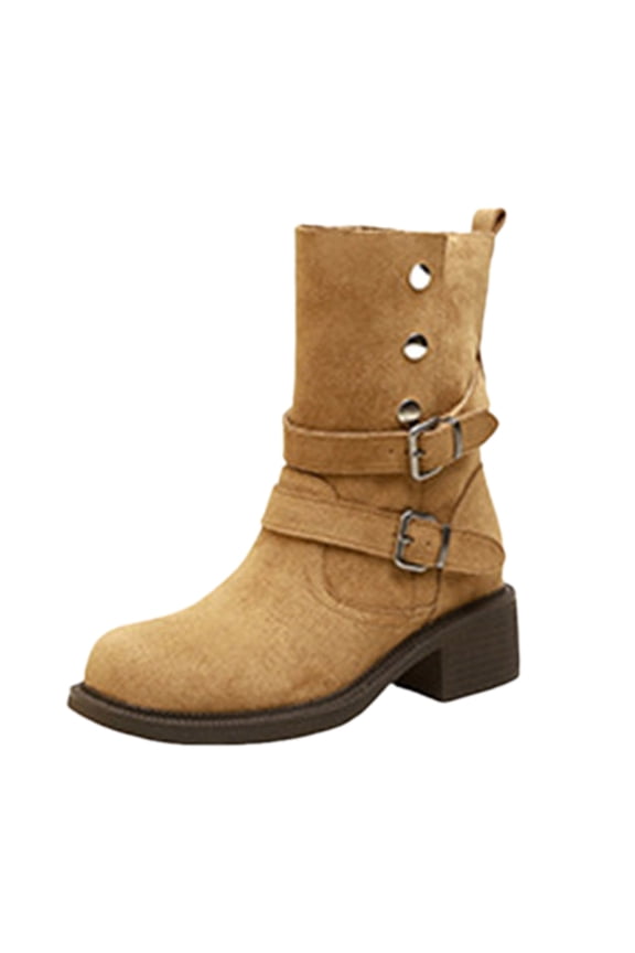 Women Slouchy Mid Calf Boots with Buckle Strap Suede Leather Square Toe Non Slip Vintage Platform Boot