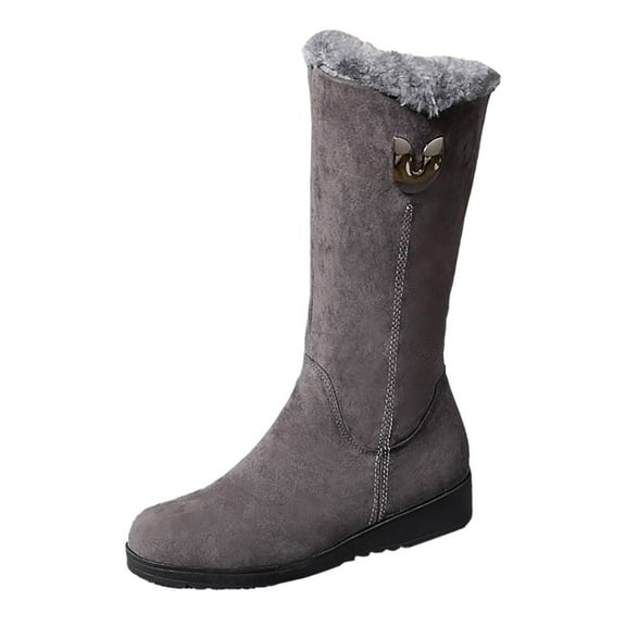 YLYL Women Snow Boots Suede Leather Warm Fur Lined Non-slip Winter Mid Calf Boots