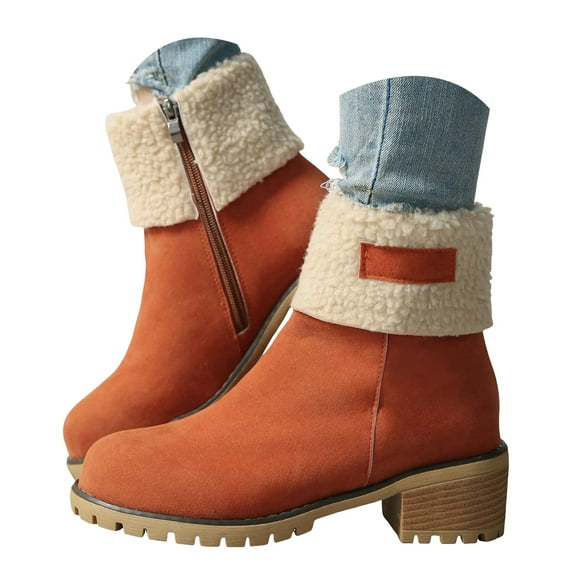 YLYL Womens Suede Snow Boots with Fur Lined Chunky Heel Winter Warm Slip on Comfortable Casual Outdoor Ankle Booties