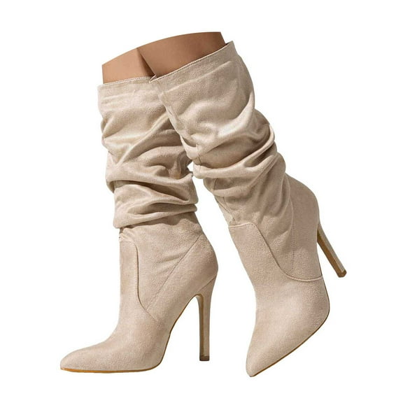 YLYL Women Suede Knee High Boots Pointed Toe Stiletto Boot Fashion Slouchy Zipper Slip-On High Heel Boots