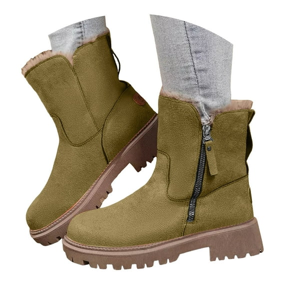YLYL Women Suede Mid Calf Boots Fleece Lined Wide Calf Chunky Heels Lug Sole Round Toe Non Slip Winter Warm Snow Booties