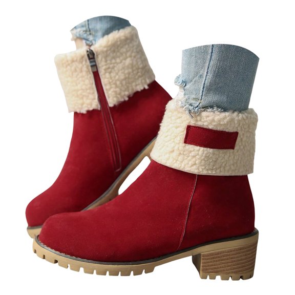 YLYL Women Suede Winter Snow Boots Warm Fur Lined Round Toe Side Zipper Chunky Mid Heel Ankle Booties