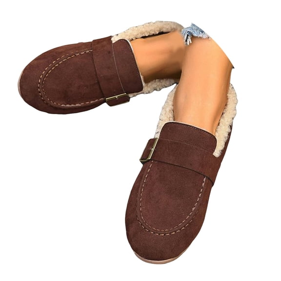 YLYL Women Suede Winter Flats Buckle Strap Low Heel Round Toe Slip on Comfortable Warm Walking Shoes