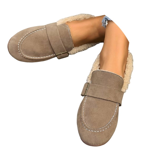 YLYL Women Suede Winter Flats Buckle Strap Low Heel Round Toe Slip on Comfortable Warm Walking Shoes