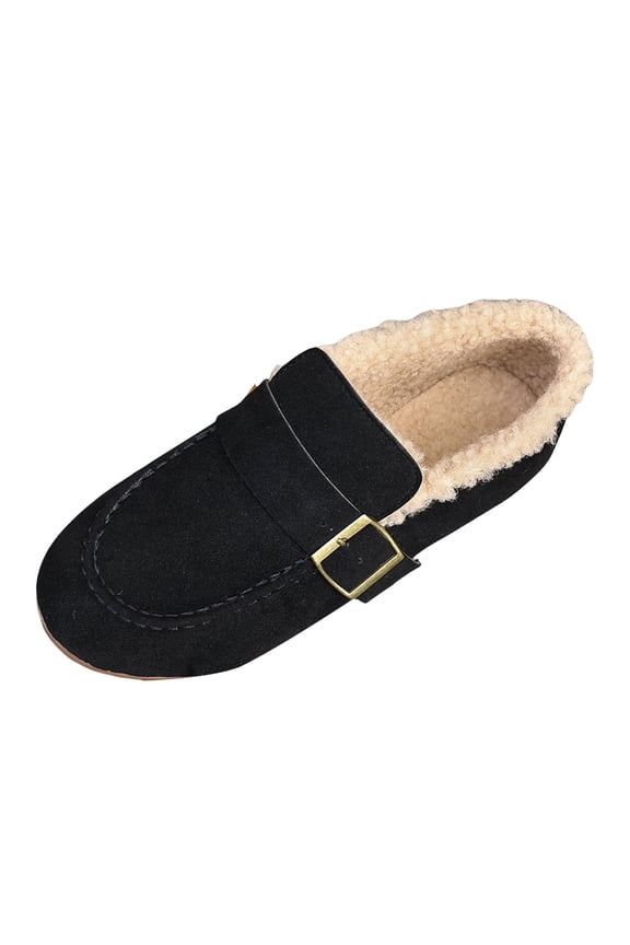 Women Suede Winter Flats Buckle Strap Low Heel Round Toe Slip on Comfortable Warm Walking Shoes
