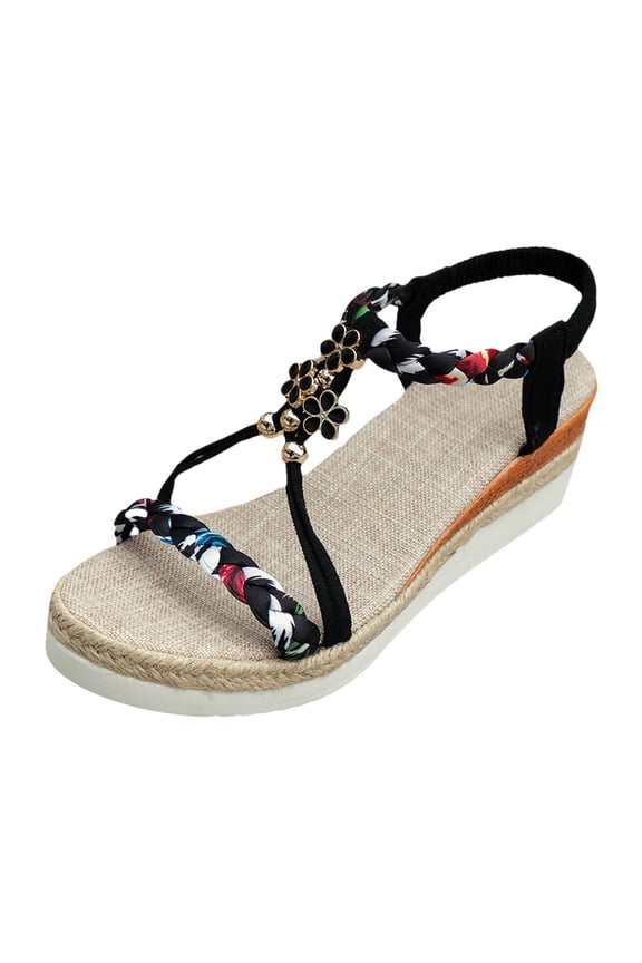 Women Summer Sandals Boho Espadrille Elastic Ankle Strap Wedge Heel Open Toe Casual Beach Shoes