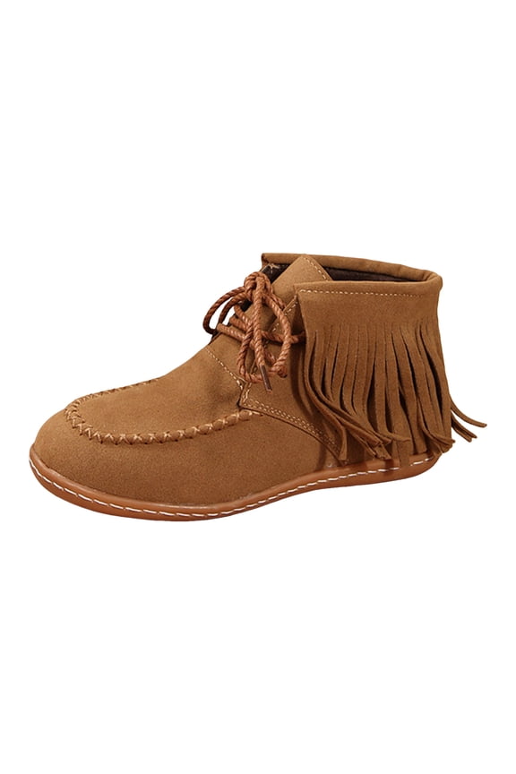 Women Tassel Ankle Boots Lace up Round Toe Lightweight Vintage Western Moccasin Boots