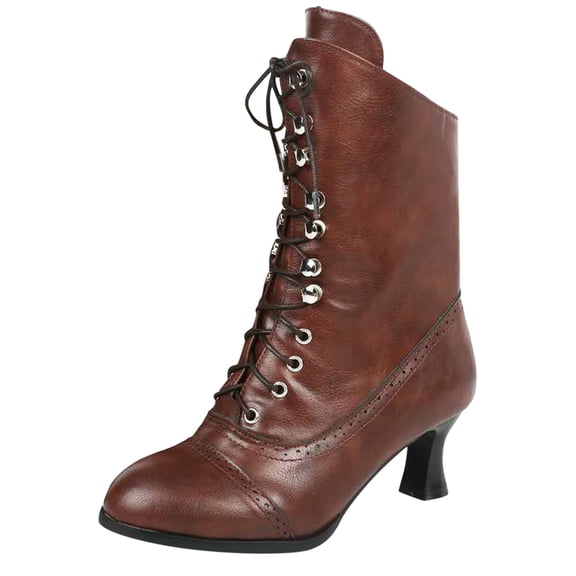 YLYL Women Victorian Boots 70s Lace up Mid Heel Witch Granny Booties Retro Cone Side Zipper Almond Toe Boots